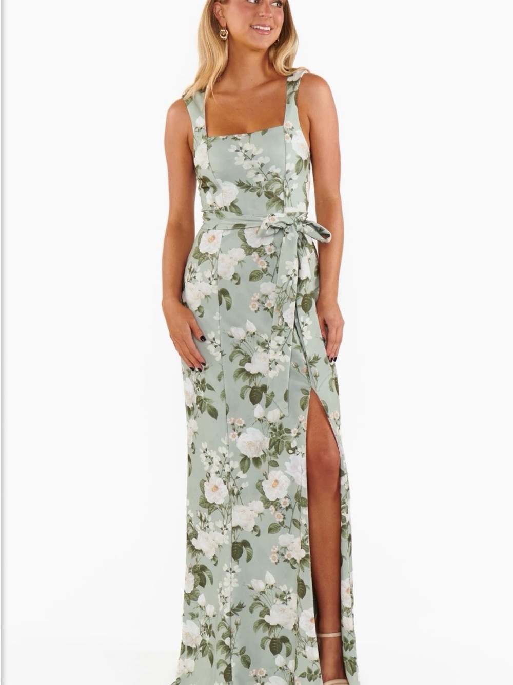 Show Me Your MuMu Sage Green Floral Square-Neck Maxi Dress with Side Slit